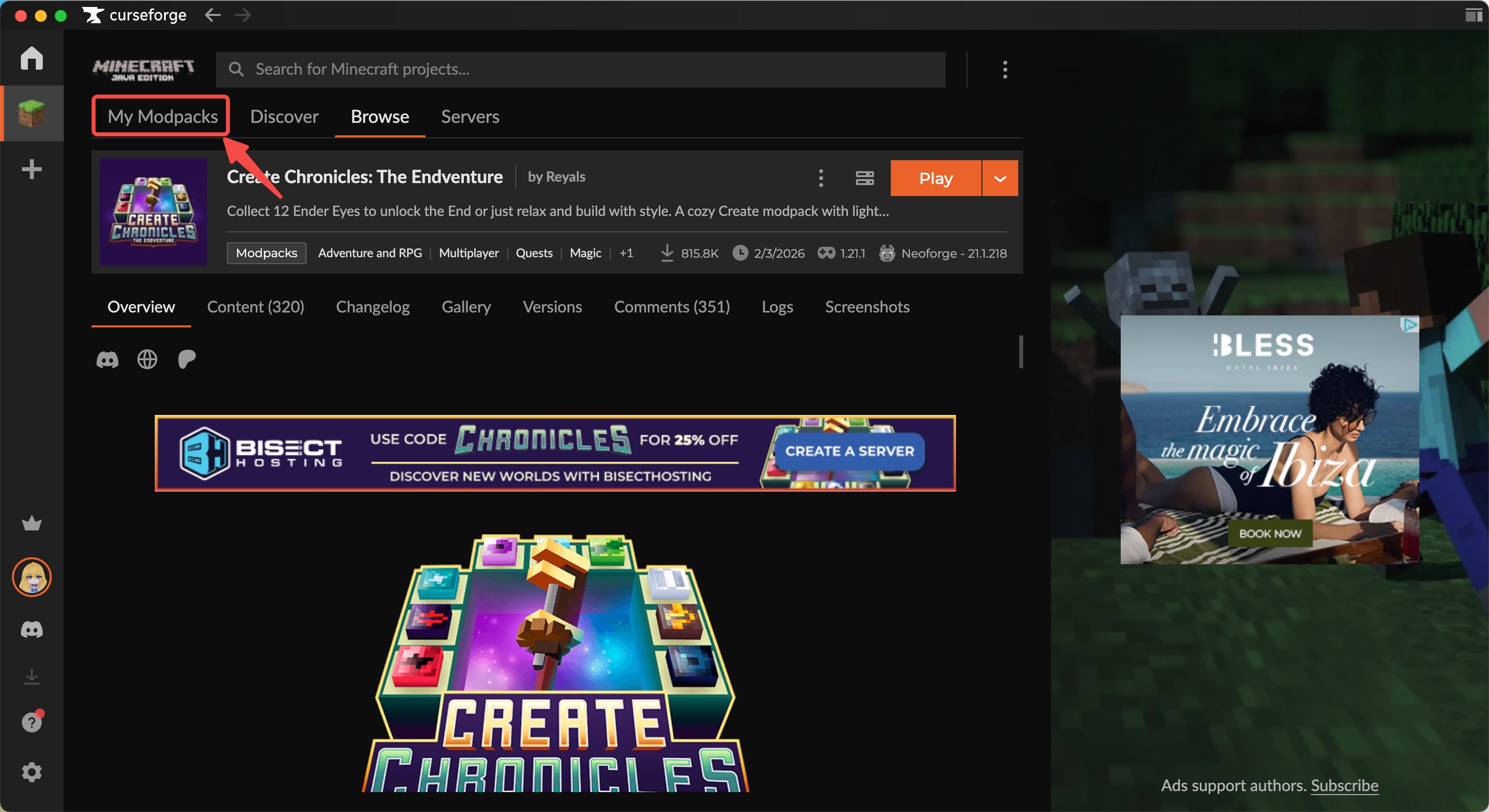 My Modpacks page in CurseForge