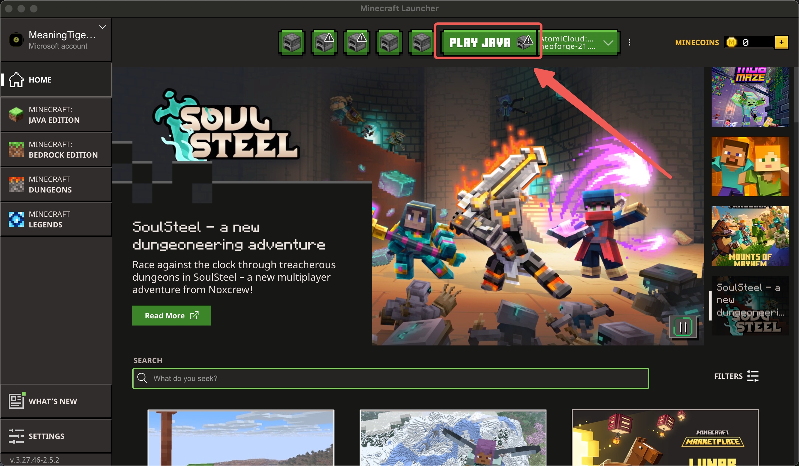 Play Java button in launcher